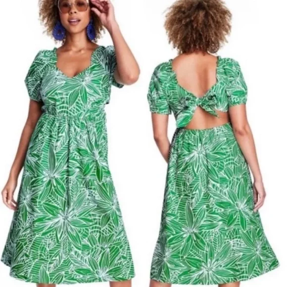 Tabitha Brown Dresses | Tabitha Brown X Target Green Women's Floral Short Sleeve Tie-Back Dress Size 12 | Color: Green/White | Size: 12 | Marcaslea's